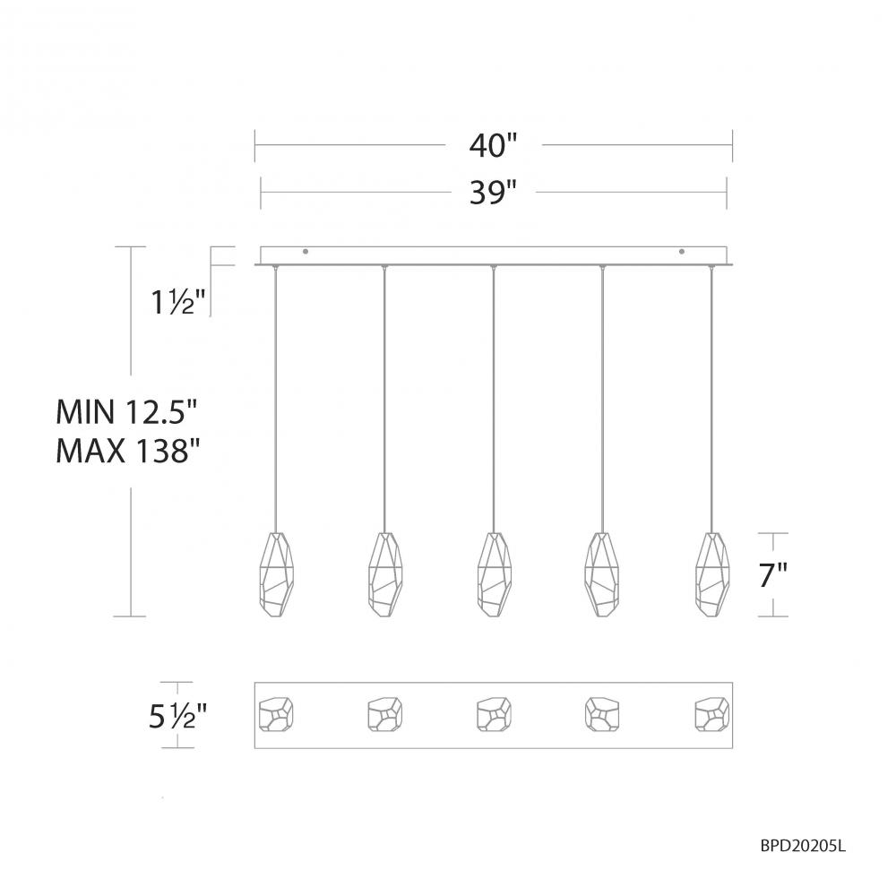 Martini 5 Light 120-277V Multi-Light Pendant (Linear Canopy) in Aged Brass with Optic Haze Quartz