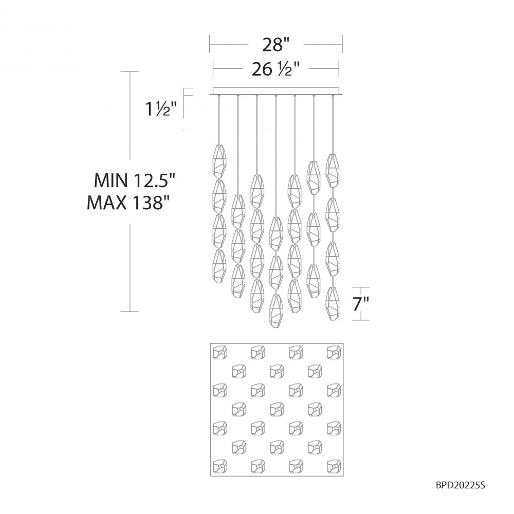 Martini 25 Light 120-277V Multi-Light Pendant (Square Canopy) in Aged Brass with Optic Haze Quartz