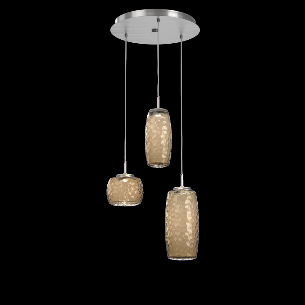 Vessel 3pc Round Multi-Pendant-Satin Nickel-Bronze Blown Glass-Cloth Braided Cord-LED 2700K