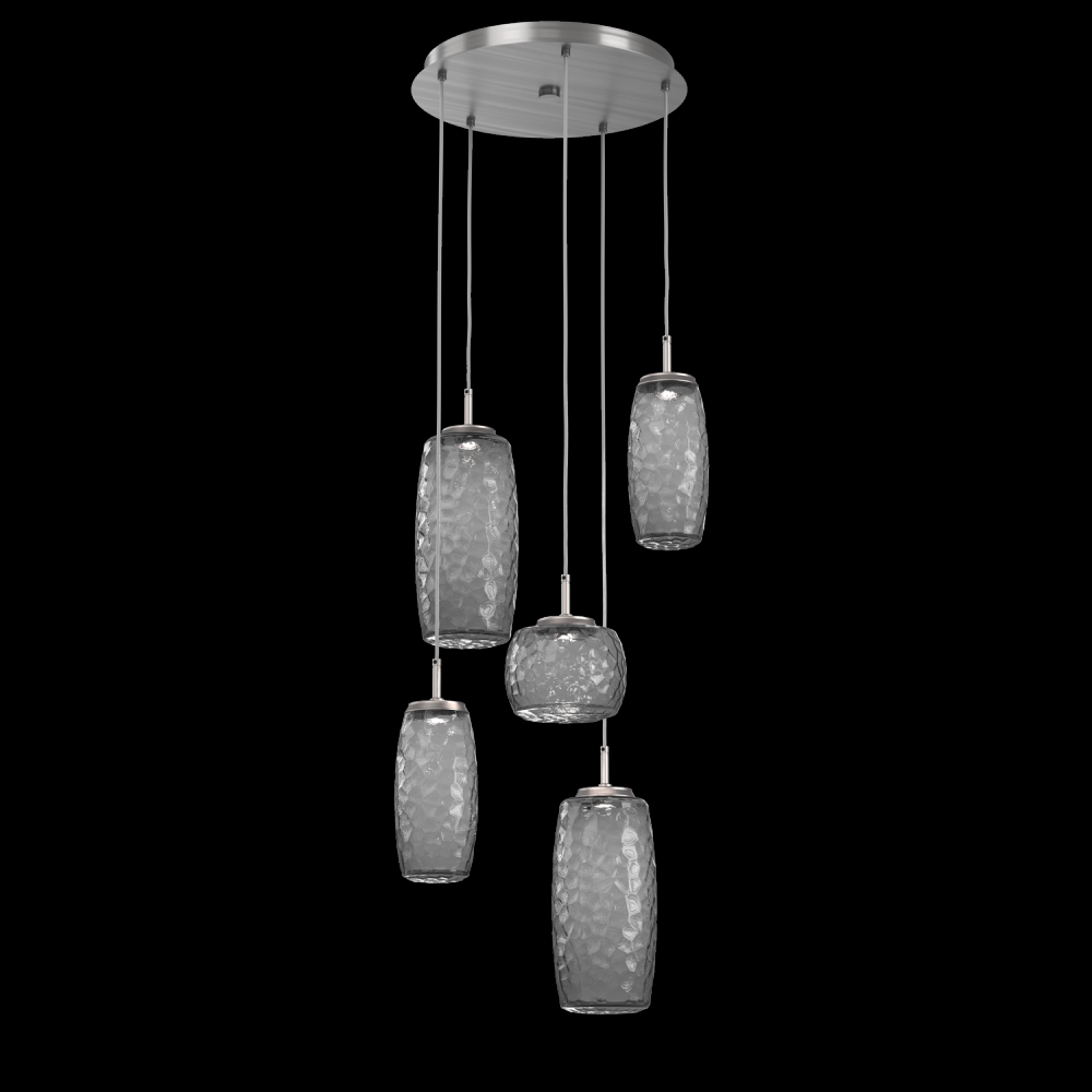 Vessel 5pc Round Multi-Pendant-Satin Nickel-Smoke Blown Glass-Cloth Braided Cord-LED 2700K