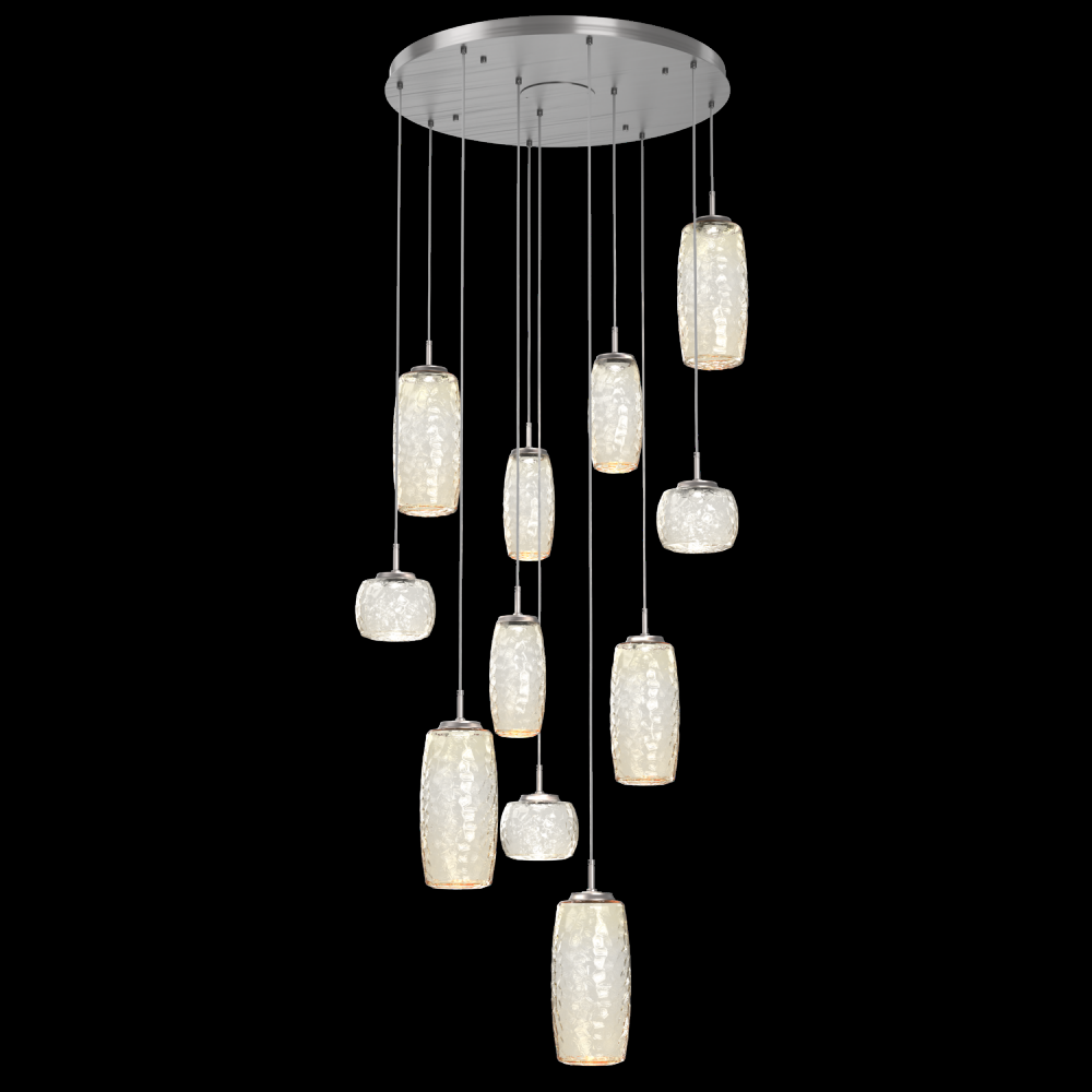 Vessel 11pc Round Multi-Pendant-Satin Nickel-Amber Blown Glass-Cloth Braided Cord-LED 2700K