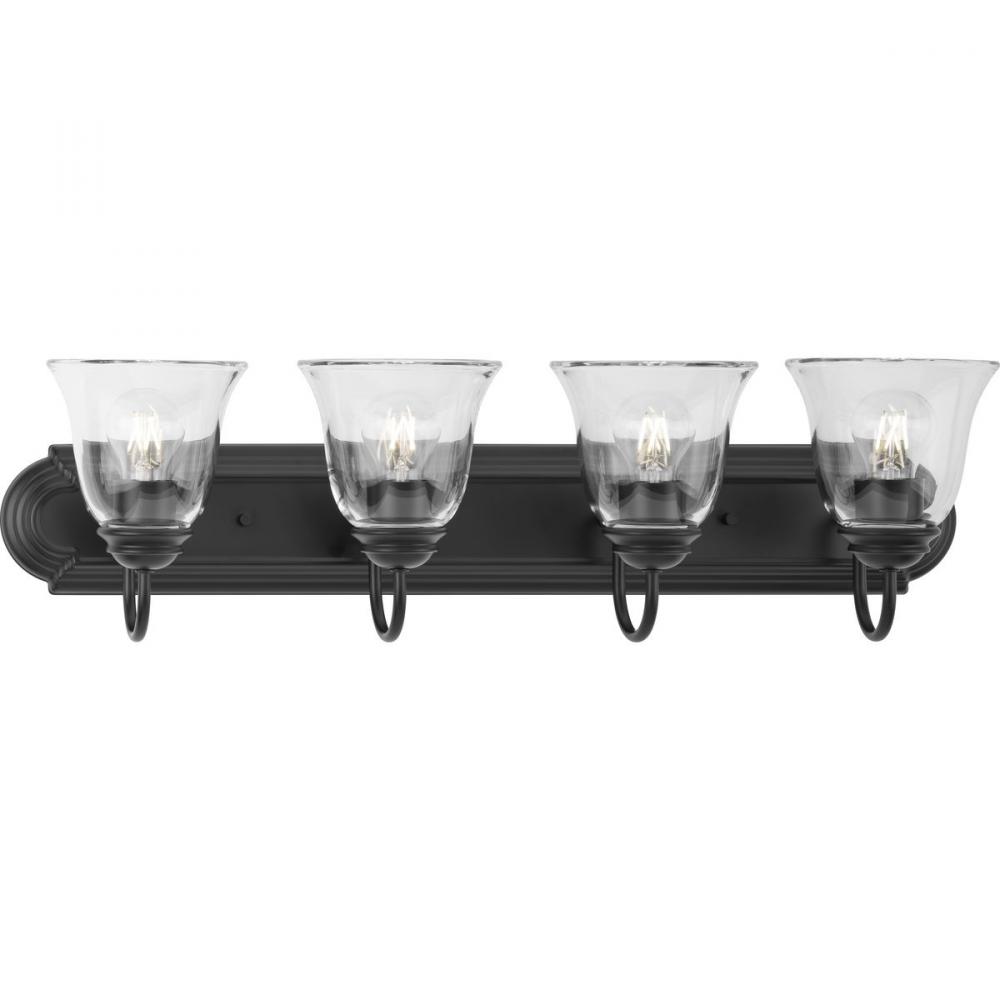 Four-Light Matte Black Transitional Bath and Vanity Light with Clear Glass for Bathroom