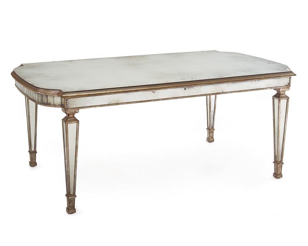 Bourbon Dining Table. This "D" end table has a foxed mirror top and apron rail, all supporte