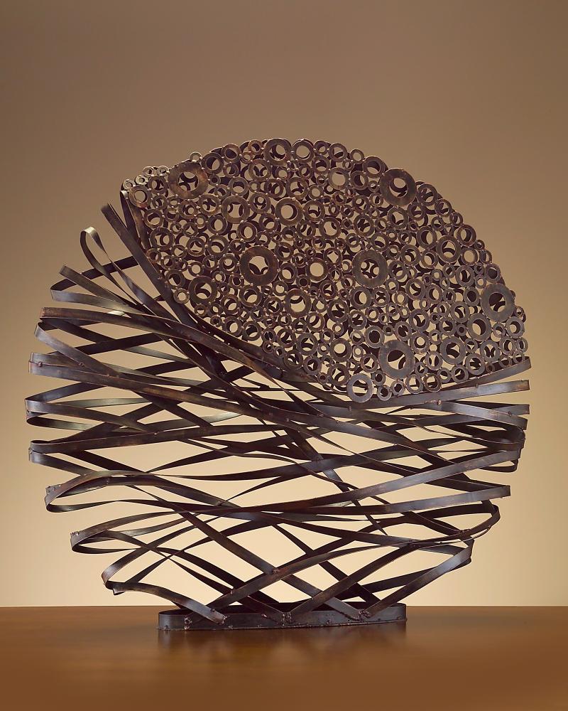 38X40X9 OVOID SCULPTURE W/MTL STRIPS&WASHERS