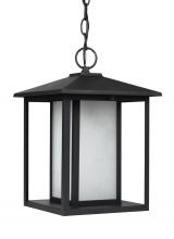 Anzalone Electric and Lighting Items 69029-12 - Hunnington contemporary 1-light outdoor exterior pendant in black finish with etched seeded glass pa