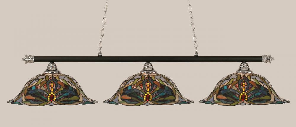 Three Light Kaleidoscope Tiffany Glass Chrome/matte Black Pool Table Light