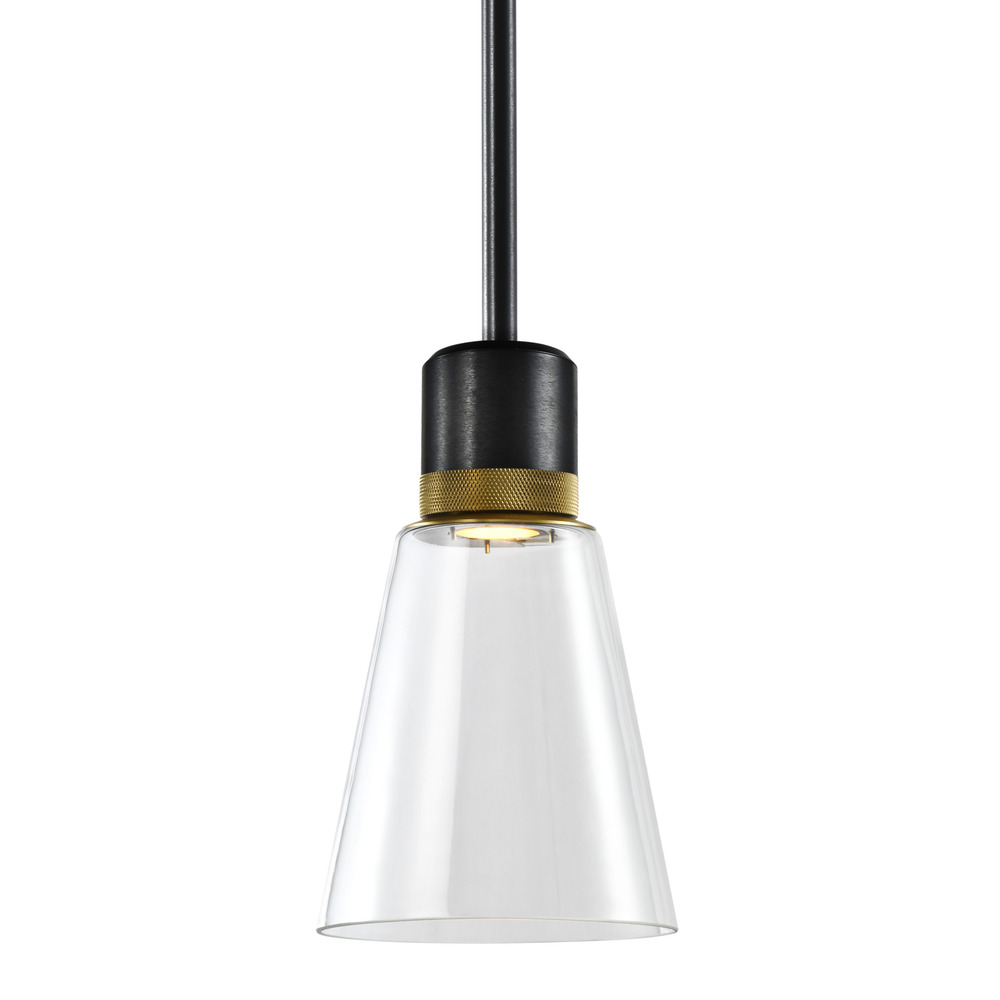 7" LED 3CCT Clear Bell Glass Pendant Light, Satin Brushed Black with Brass Metal Finish