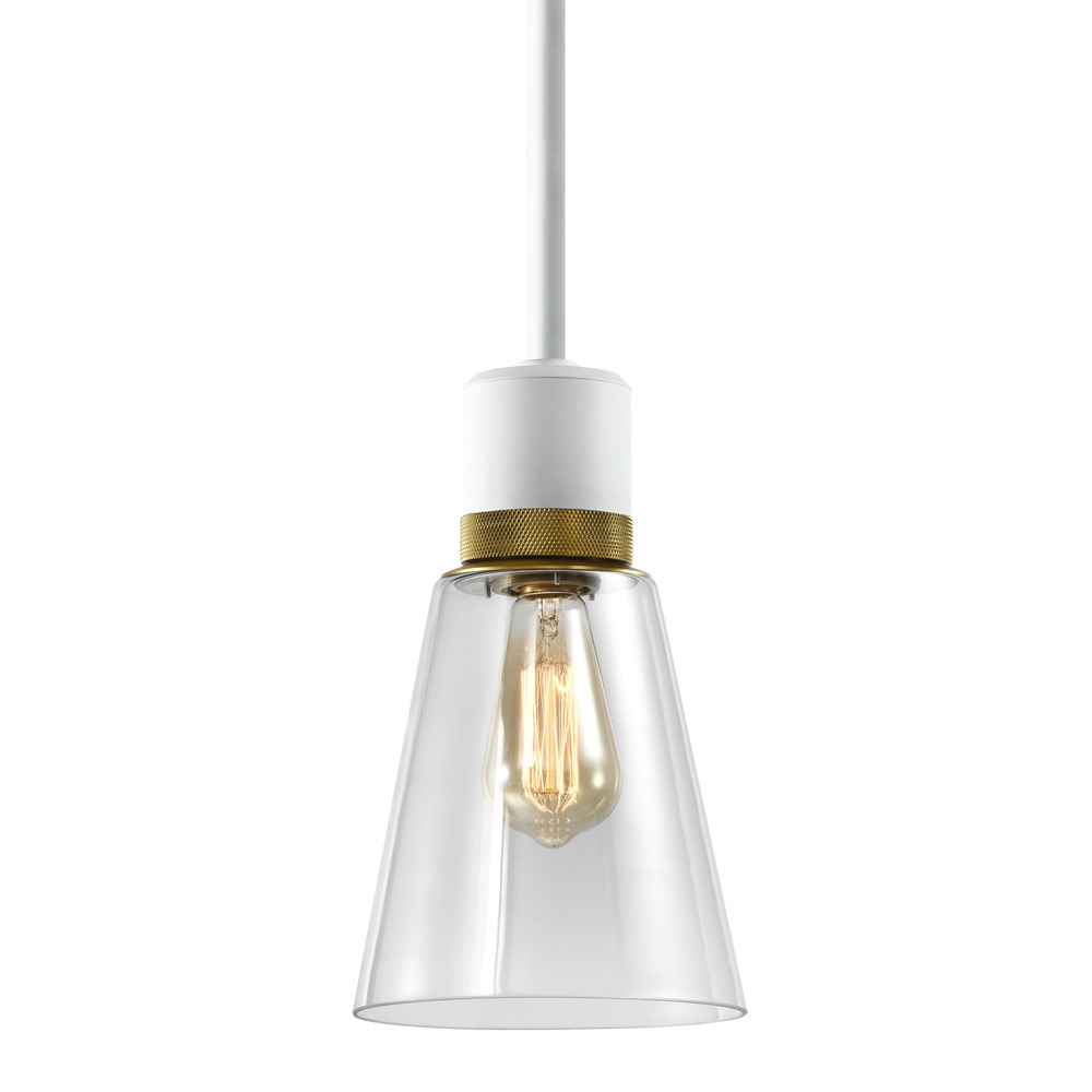 7" E26 Clear Bell Glass Pendant Light, Matte White with Brass Metal Finish