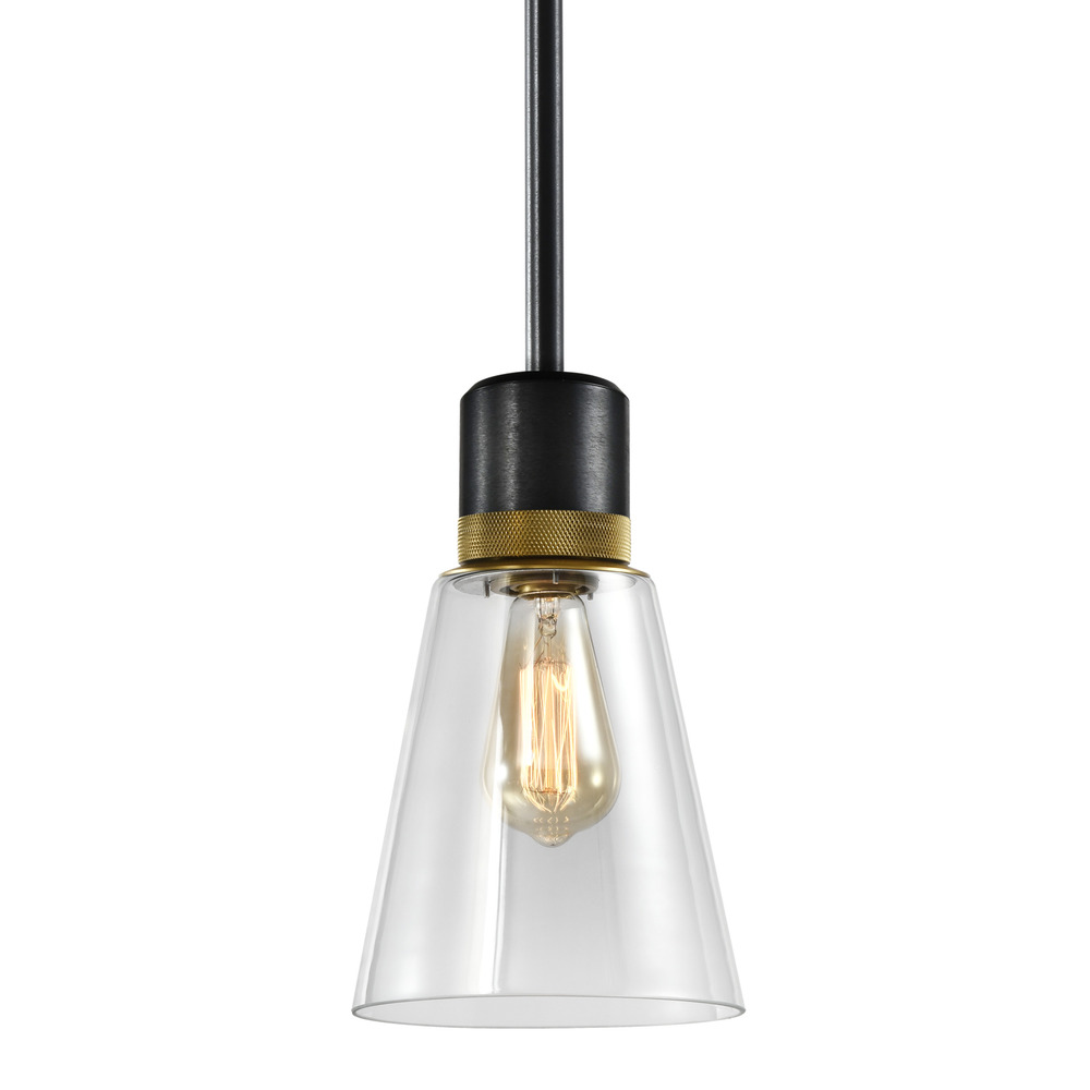 7" E26 Clear Bell Glass Pendant Light, Satin Brushed Black with Brass Metal Finish