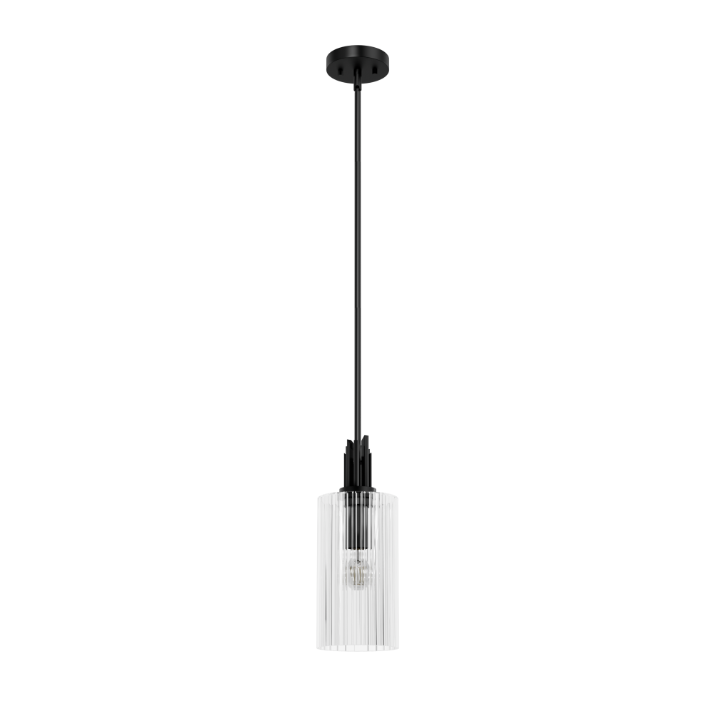 Hunter Gatz Matte Black with Clear Fluted Glass 1 Light Pendant Ceiling Light Fixture