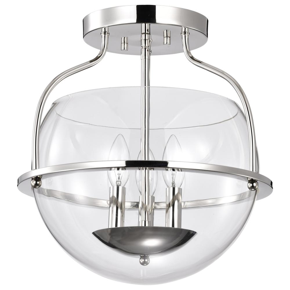 Amado 3 Light Semi Flush Mount; Polished Nickel Finish; Clear Glass