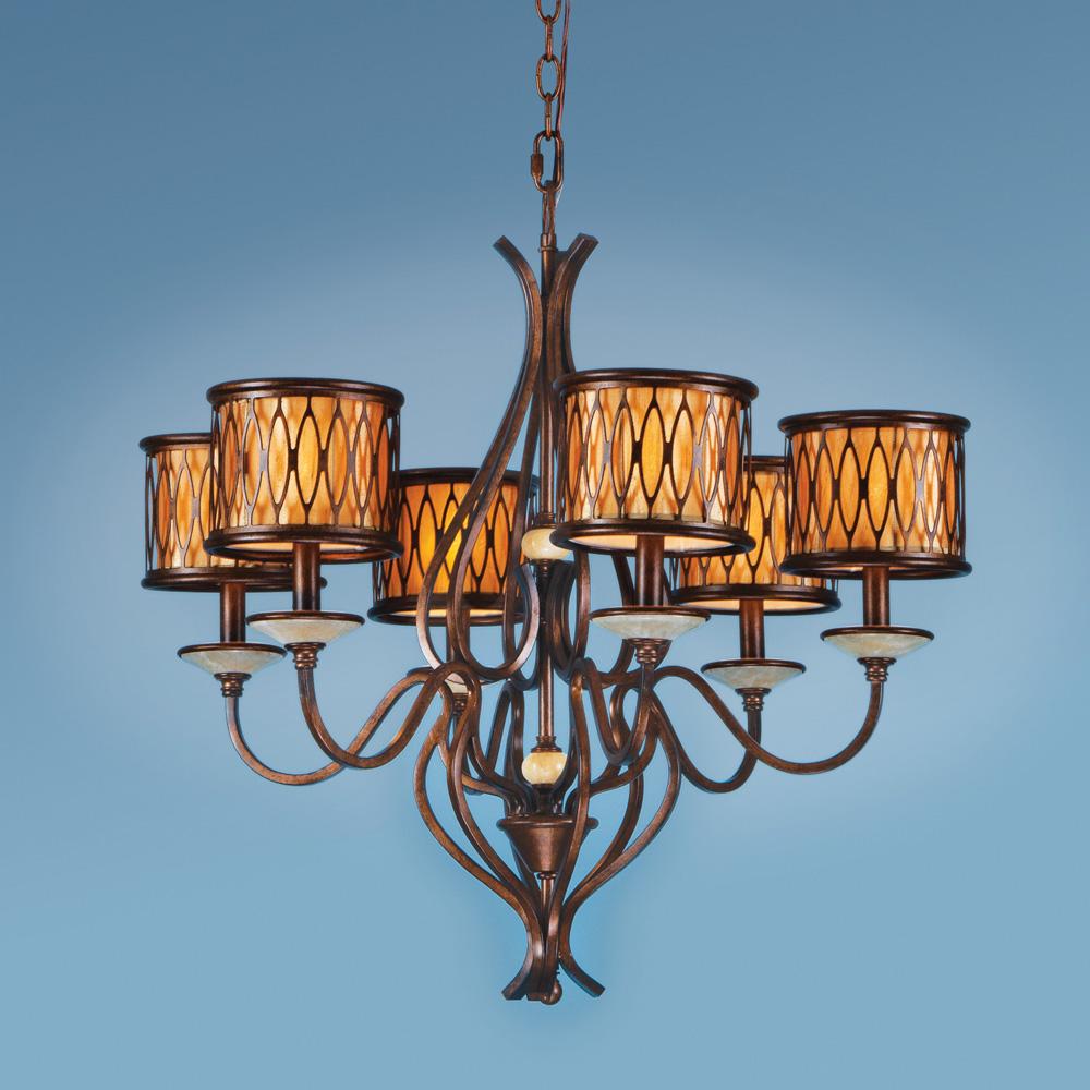 Six Light Bronze Drum Shade Chandelier